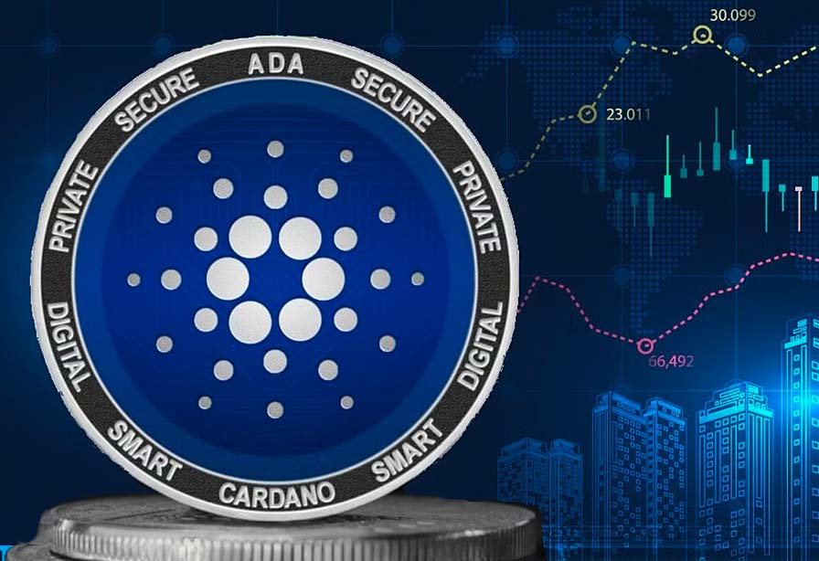 Srebrna moneta kryptowaluty Cardano ADA na tle wykresu giełdowego