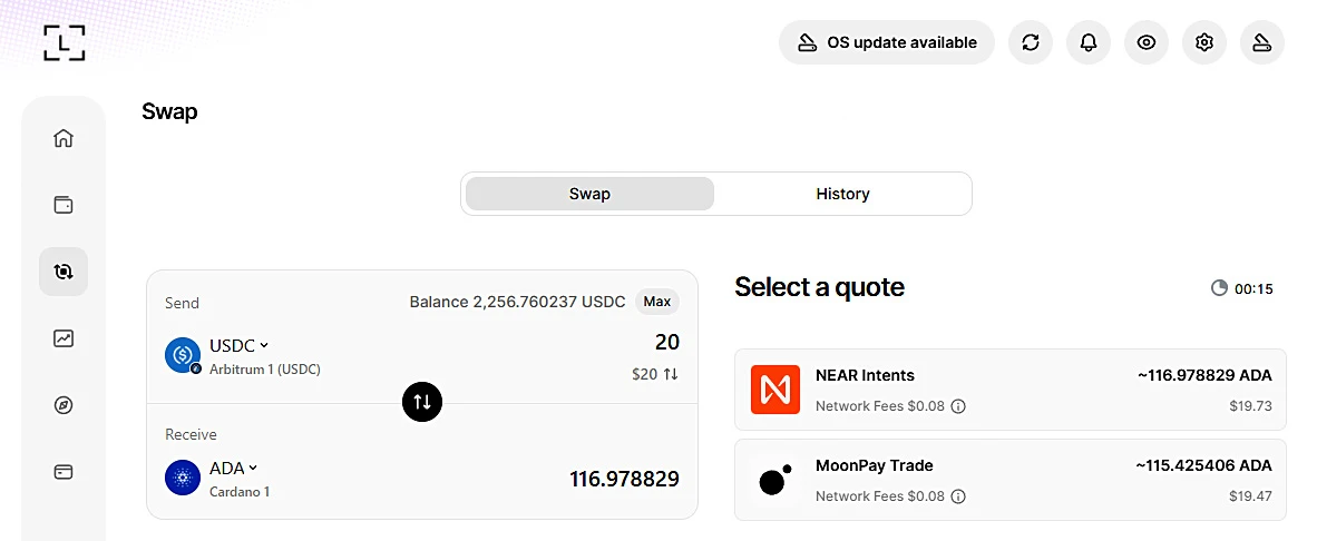 Swap USDC na ADA w aplikacji Ledger