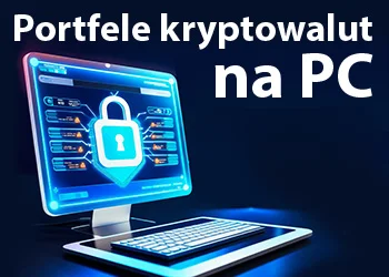 Komputer PC z ekranem przedstawiającym interfejs portfela kryptowalut z kłódką