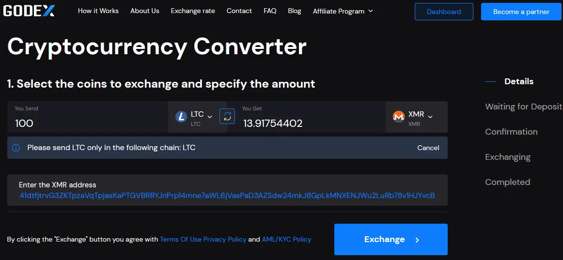 Wymiana LTC na XMR na platformie Godex