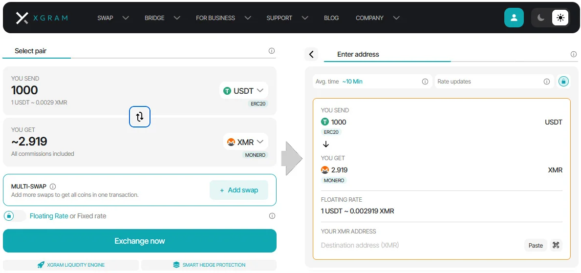 Wymiana USDT na XMR Monero na platformie Xgram