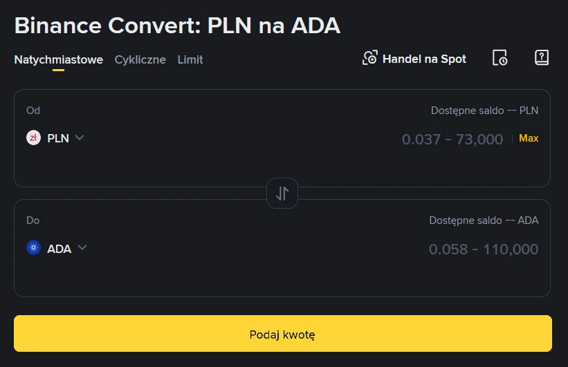 Zamiana PLN na ADA w serwisie Binance Convert