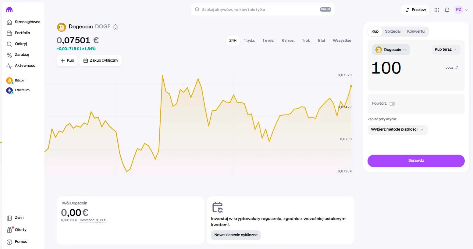 Interfejs zakupu Dogecoin na platformie Kraken z wykresem cenowym 24H