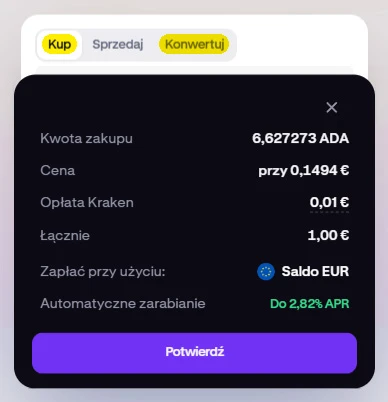 Formularz zakupu ADA za euro na Kraken