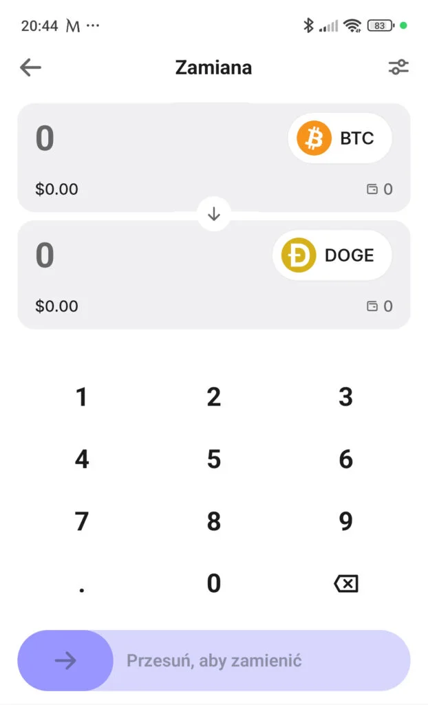 Ekran zamiany BTC na DOGE w aplikacji kryptowalutowej