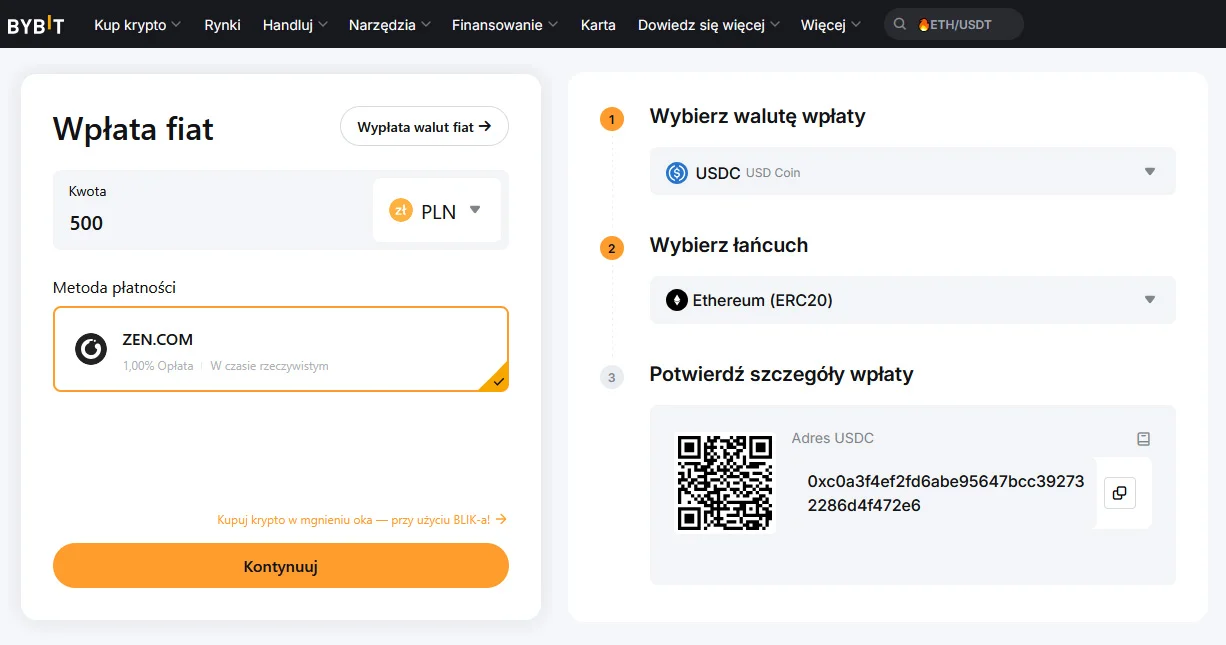 Formularz wpłaty fiat 500 PLN na Bybit z adresem USDC