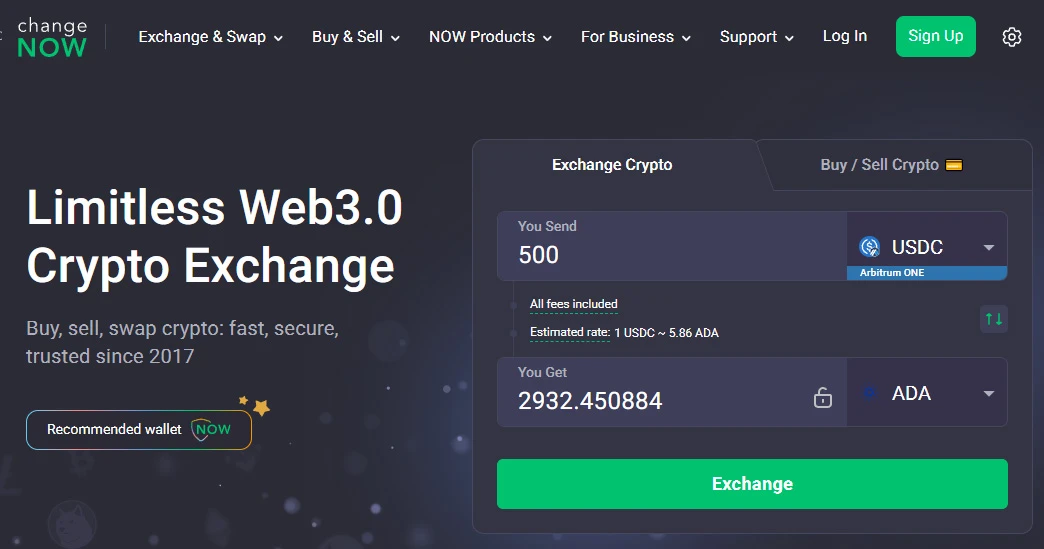 Wymiana USDC na ADA na platformie ChangeNow bez KYC