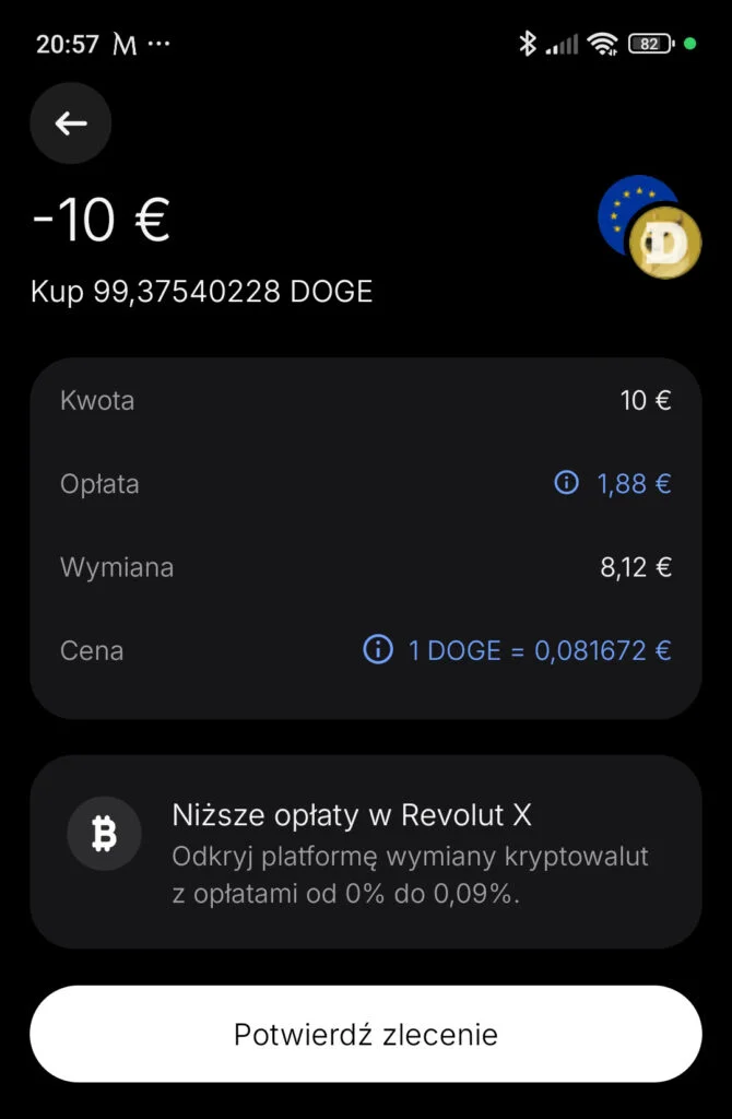 Zakup DOGE za 10 euro w aplikacji Revolut