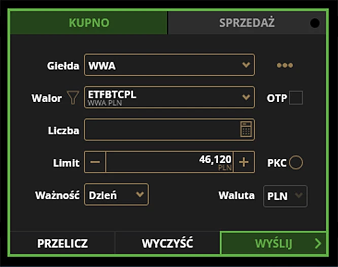 Formularz kupna ETF Bitcoin na GPW