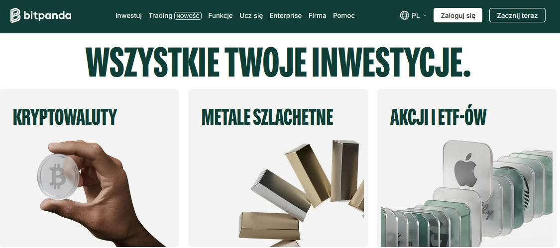 Strona Bitpanda z ofertą kryptowalut, metali oraz akcji i ETF-ów