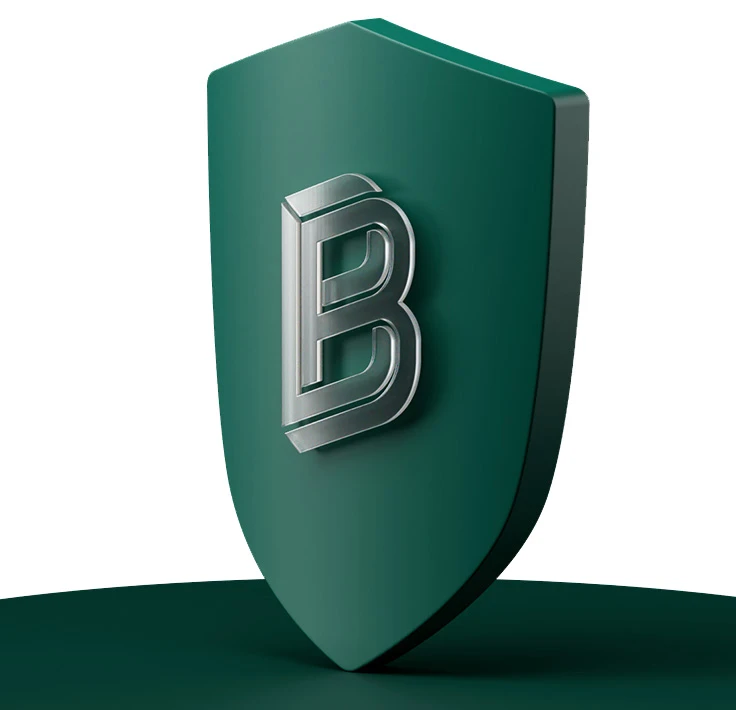 Zielona tarcza 3D z metalicznym logo litery B Bitpanda