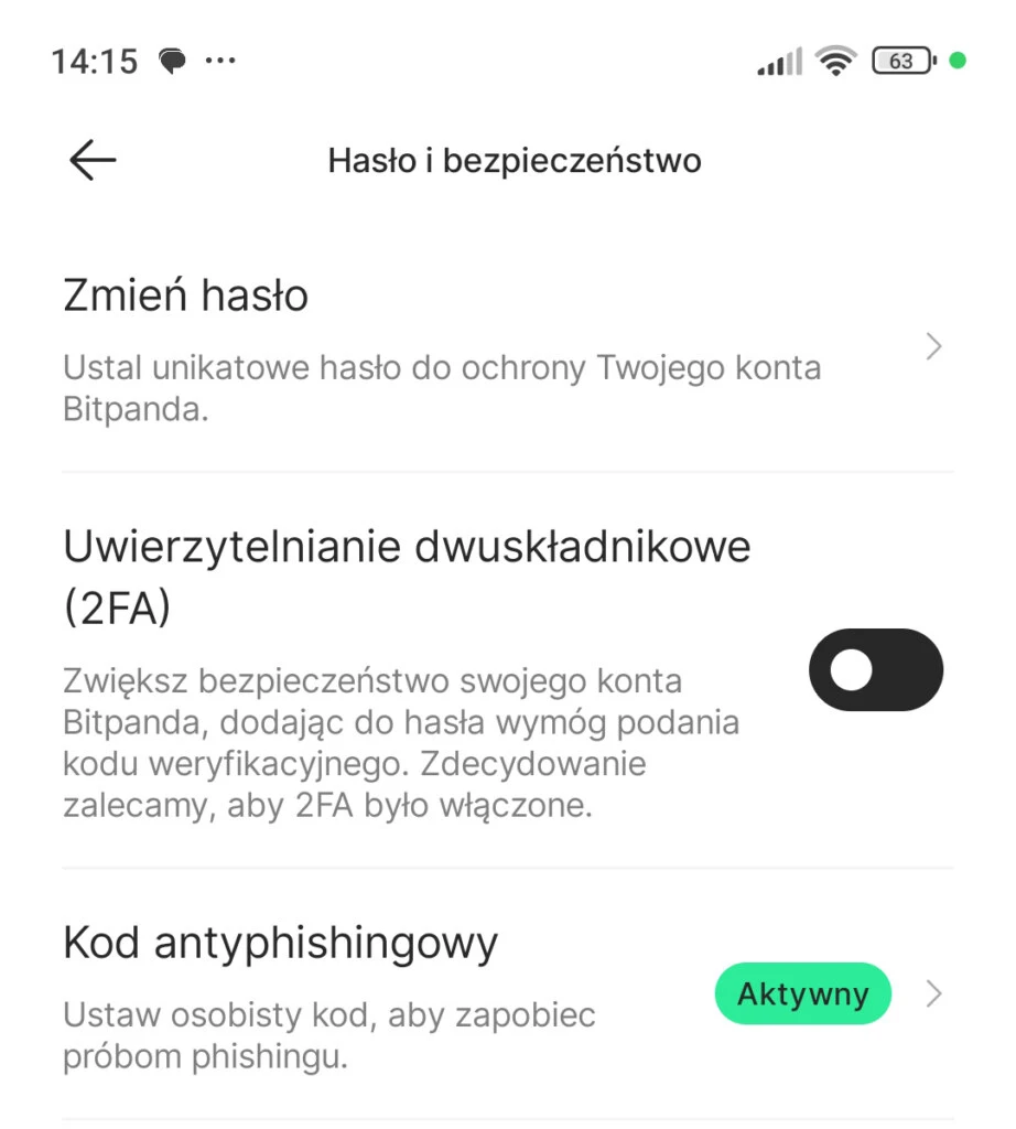 Ustawienia hasła i bezpieczeństwa w aplikacji Bitpanda z wyłączonym 2FA