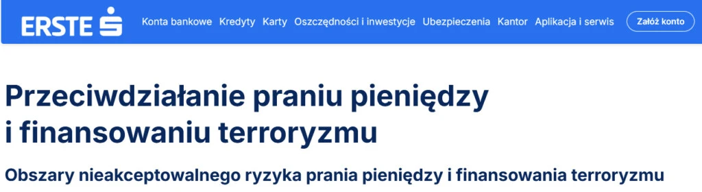 Strona Erste Bank (Santander) z polityką AML