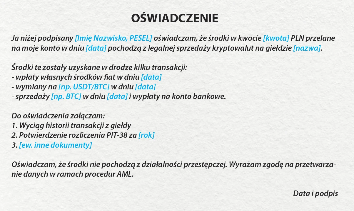 Wzór oświadczenia o pochodzeniu środków przy sprzedaży kryptowalut