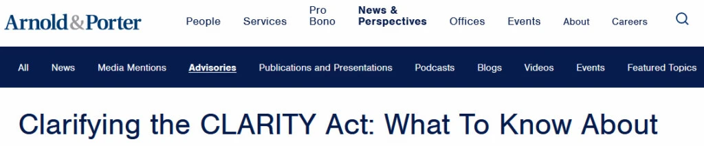 Nagłówek artykułu prawniczego o ustawie CLARITY Act na stronie Arnold & Porter