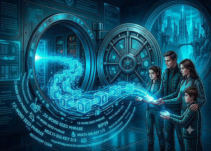 przekazanie krypto spadkobiercom przy futurystycznym sejfie