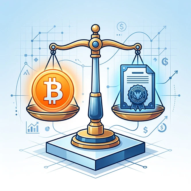 Waga z Bitcoin po jednej stronie i dokumentem regulacyjnym po drugiej