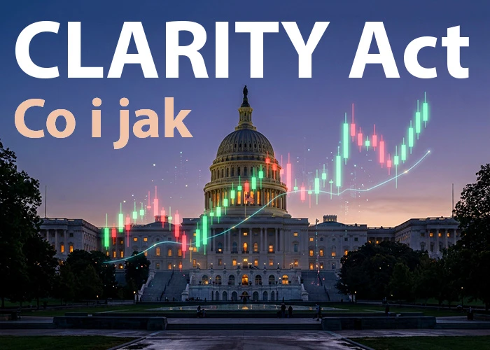 Budynek Kapitolu USA z wykresami świecznymi i napisem CLARITY Act