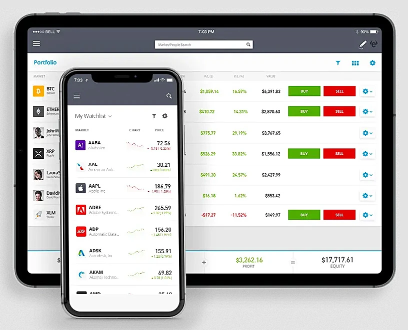 Aplikacja eToro na smartfonie i tablecie z portfolio i watchlistą