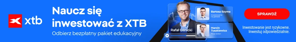 Baner reklamowy XTB z trzema ekspertami inwestycyjnymi i hasłem edukacyjnym