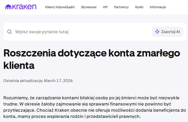 Strona pomocy Kraken dotycząca odzyskania kryptowalut zmarłego klienta