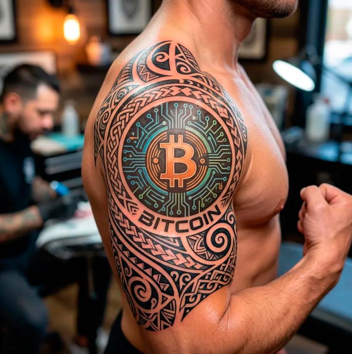 Tatuaż Bitcoin z motywem plemiennym na ramieniu mężczyzny