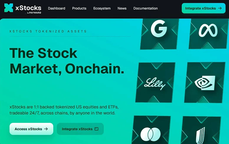 Strona xStocks z tokenizowanymi akcjami spółek na blockchainie