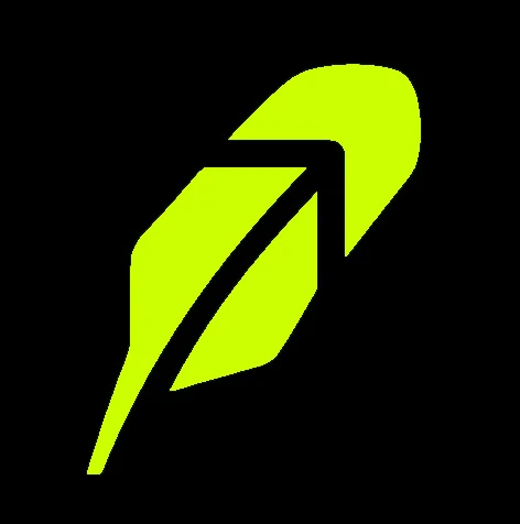 Zielone logo Robinhood w kształcie pióra na czarnym tle