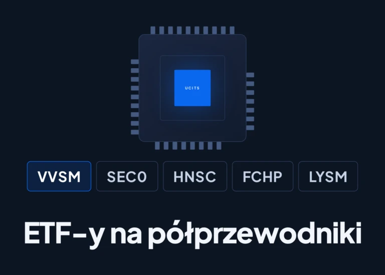 Grafika z chipem UCITS i tickerami ETF-ów na półprzewodniki