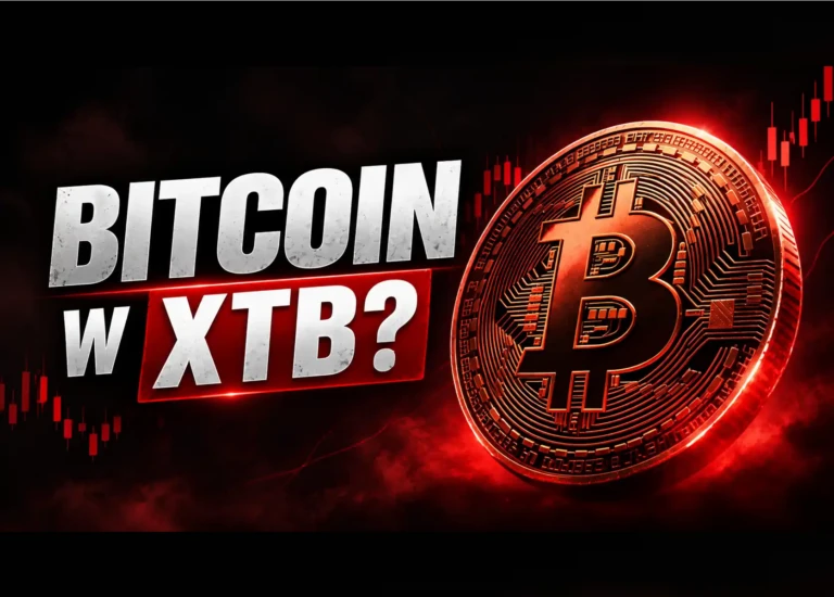 Złota moneta Bitcoin z logo XTB na czerwonym tle z wykresem