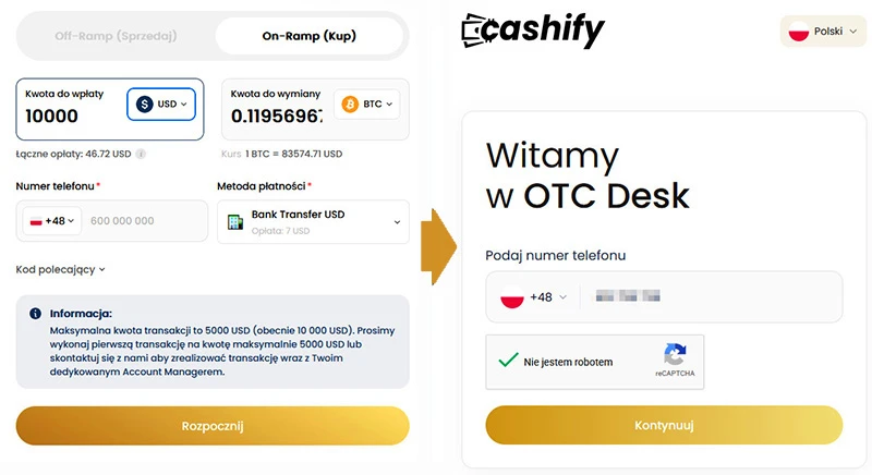 Kantor Cashify wymiana i logowanie do OTC Desk