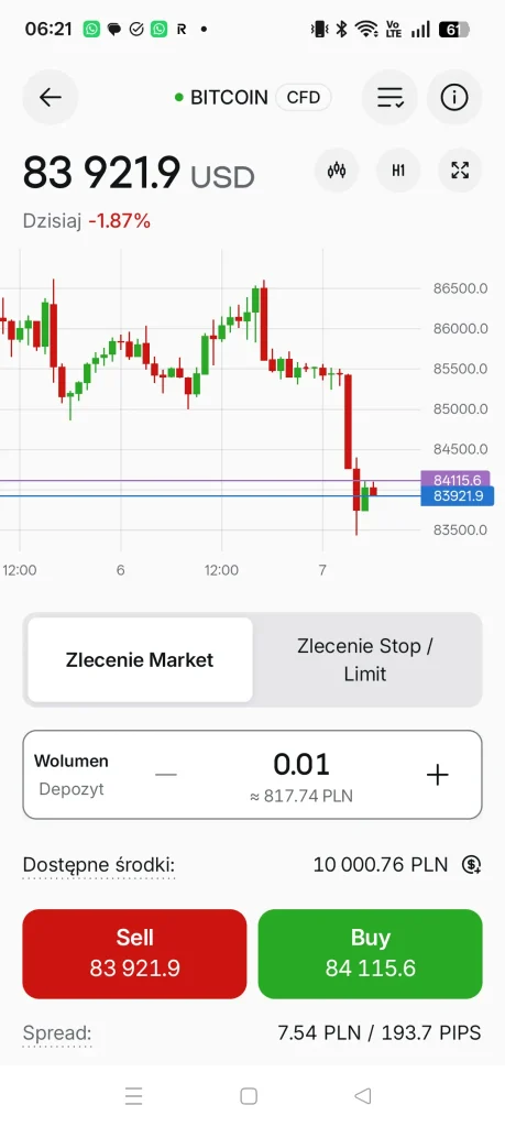 Wykres kursu Bitcoin CFD w aplikacji XTB, cena 83 921,9 USD