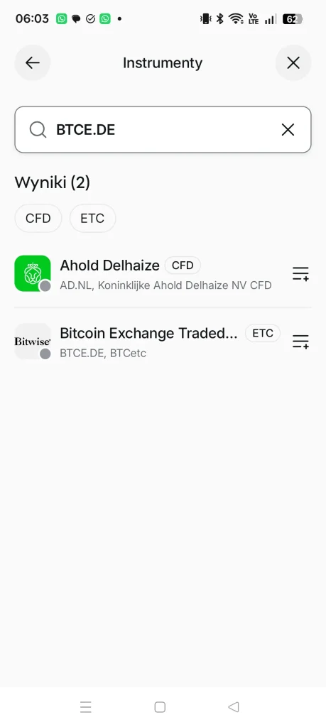 Wyniki wyszukiwania BTCE.DE w aplikacji XTB z Bitcoin ETC