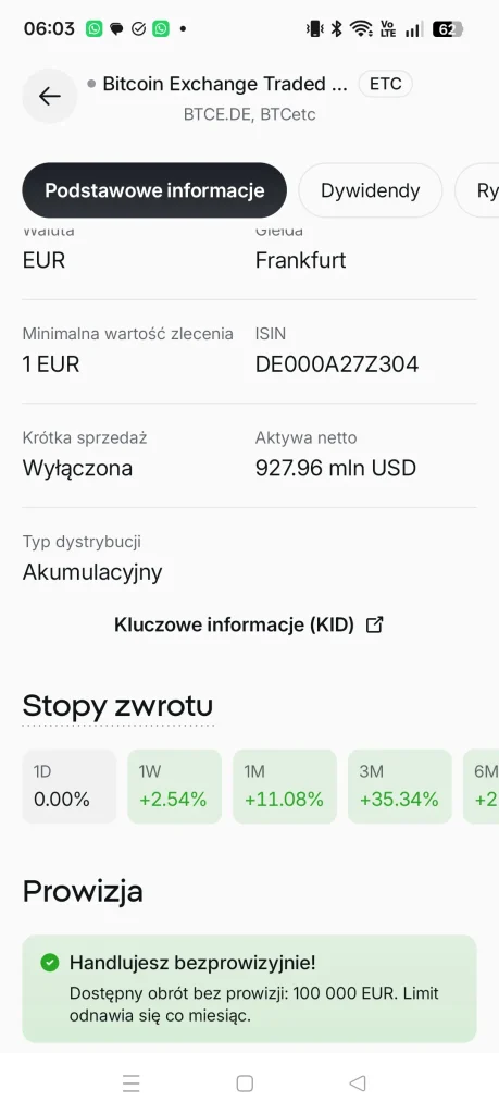 Szczegóły ETF Bitcoin na giełdzie Frankfurt w aplikacji XTB