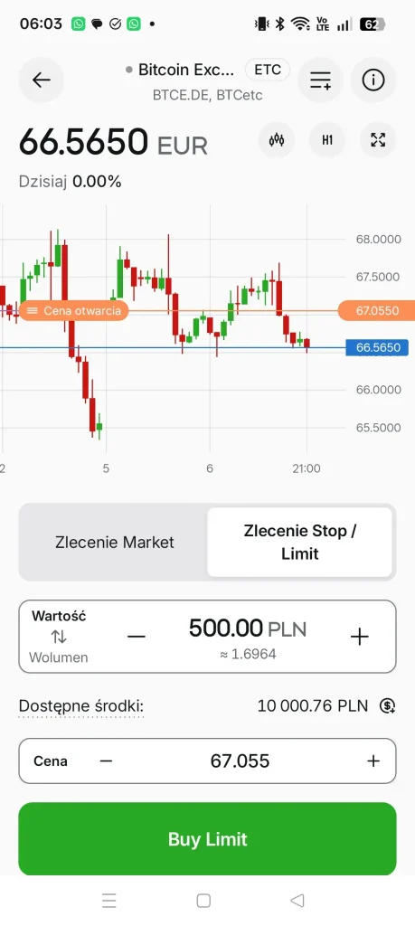Zlecenie Stop/Limit kupna Bitcoin ETC za 500 PLN w aplikacji XTB
