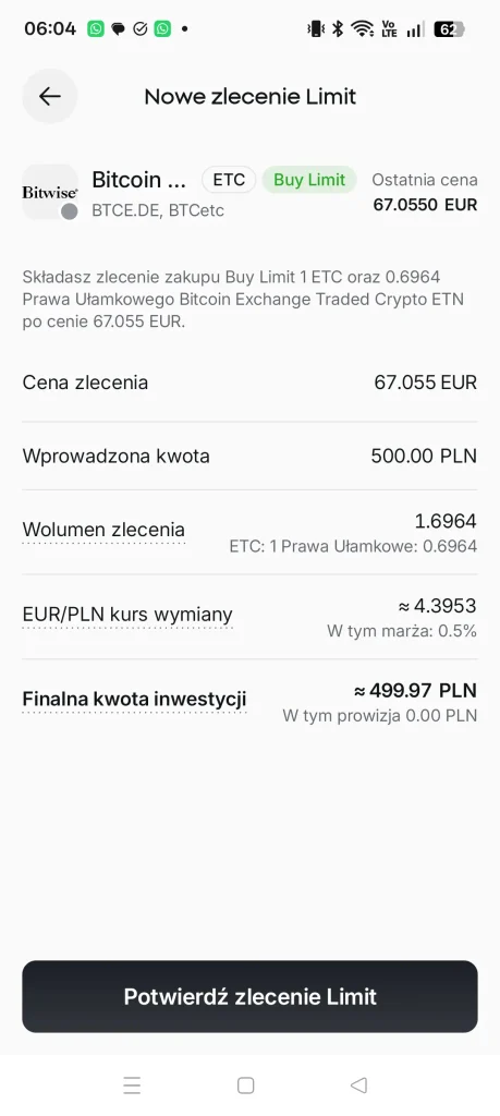 Potwierdzenie zlecenia Buy Limit na Bitcoin ETC za 500 PLN w aplikacji XTB